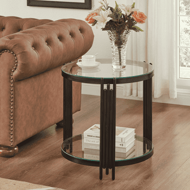 Black Round Modern side Table, with Tempered Glass, for Living Room, Bedroom