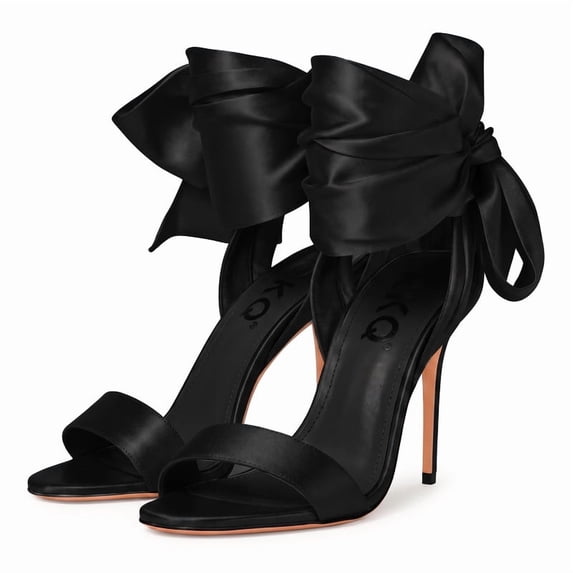 Black silk satin ankle wrap big bow stiletto heels for women sexy elegant open round toe high heels, wedding prom bachelorette cocktail party evening dress