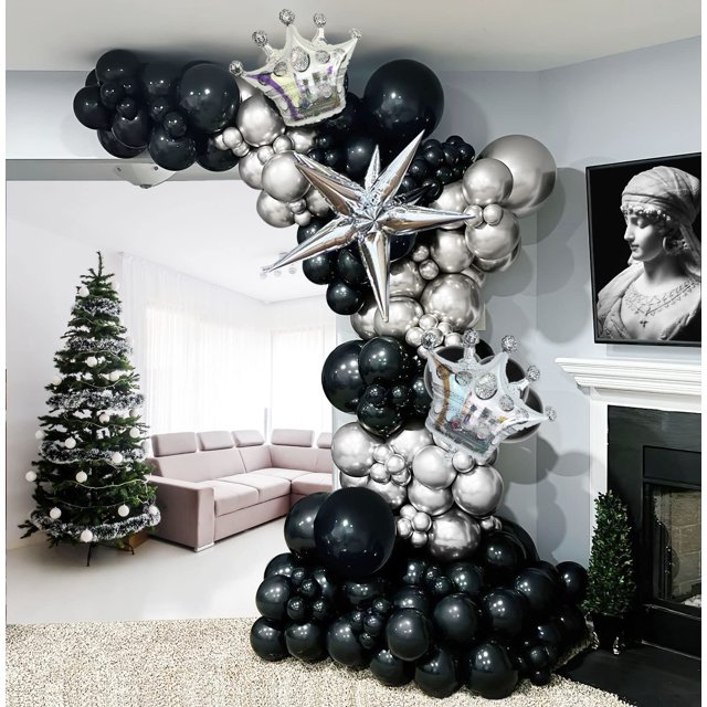 Black and silver balloon Garland Arch Kit with Large Starburst Crown
