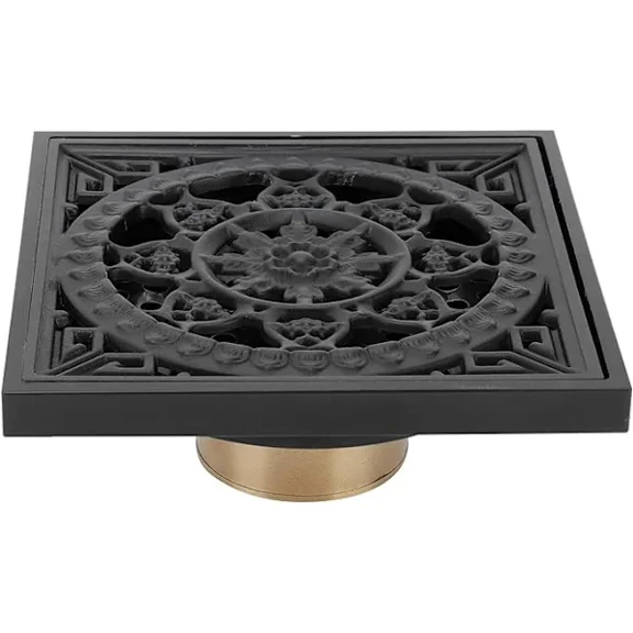 Black square shower floor drain, retro European high-density copper