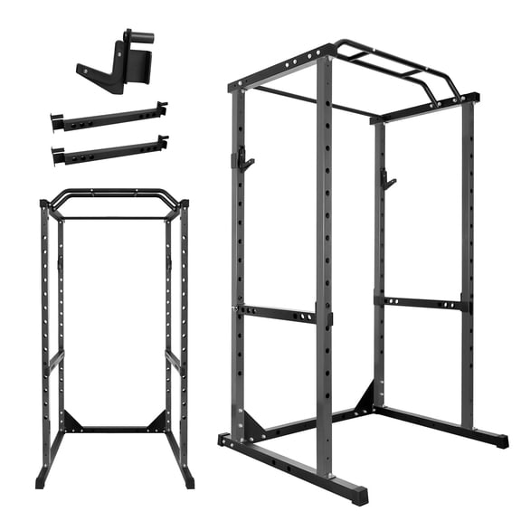 Black squat rack with a 1,200-pound weight capacity and a pull-up bar with multiple grip positions, ideal for full-body strength training at home or in the garage