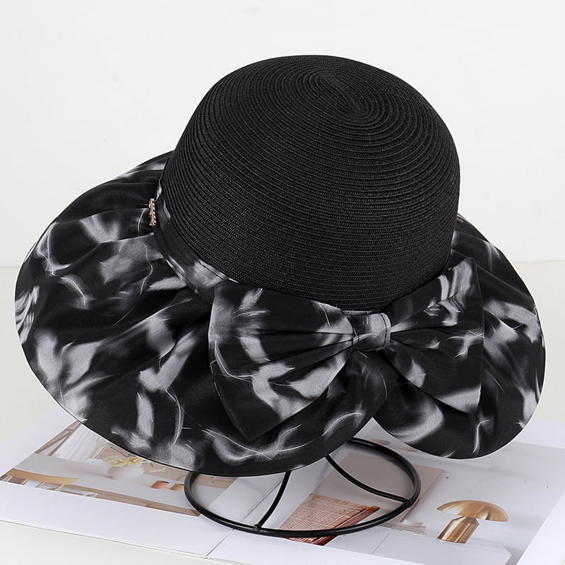 Bow Sun Black straw tie-dye ribbon bow sun hat, suitable for a wide-brimmed ...