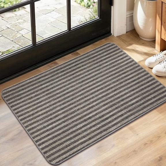 MatEssenz Washable Indoor Doormat 17"x29.5", Low Profile Entryway Rug with Non-Slip Rubber Backing, Striped Woven Faux Linen Front Door Mat, Pet Friendly Dirt Trapper, Grey