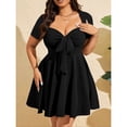 thumbnail image 1 of Black, stylish, elegant, pleated, tie-up V-neck short-sleeved A-line dress., 1 of 3