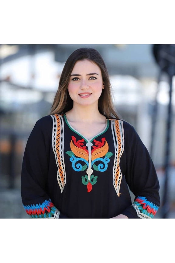 Black summer Kaftan, bohemian multicolor embroidery dress, Egyptian cotton, extremely comfortable wear