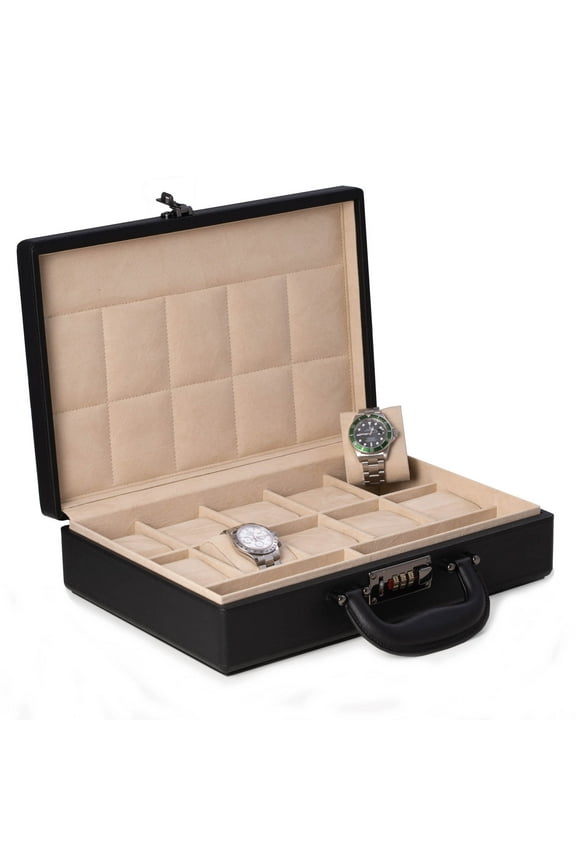 Black ten watch storage box briefcase with handle and combination lock