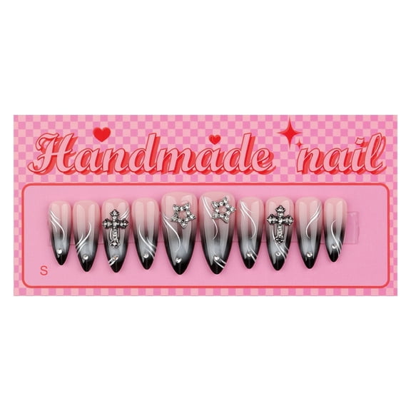 Black to Pink Ombre Cross Rhinestone Press on Nails, Long Almond Star Rhinestone Silver Line Glossy False Nails, 10 Count