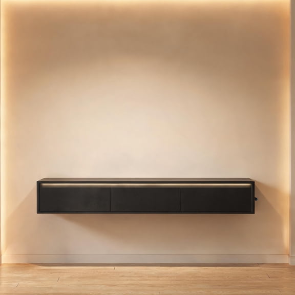 Black-toned MDF Floating TV Stand with Power Outlet LED Lights, Wall-Mounted Media Console, Sleek Space-Saving Style