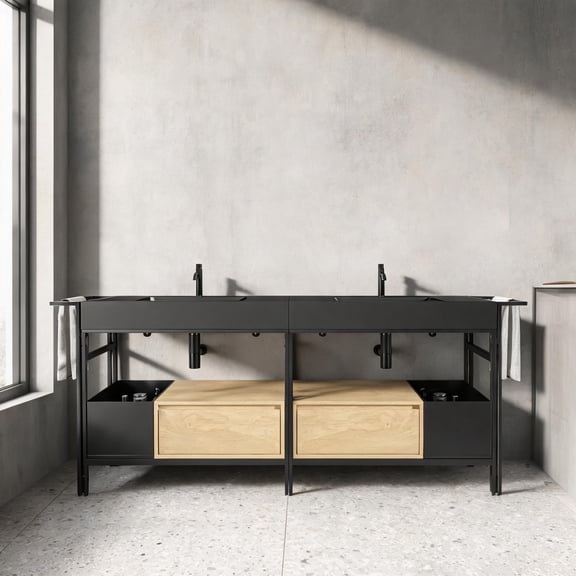 Black-toned quartz 72-inch 2-piece modular bathroom vanity for bathroom storage, industrial style