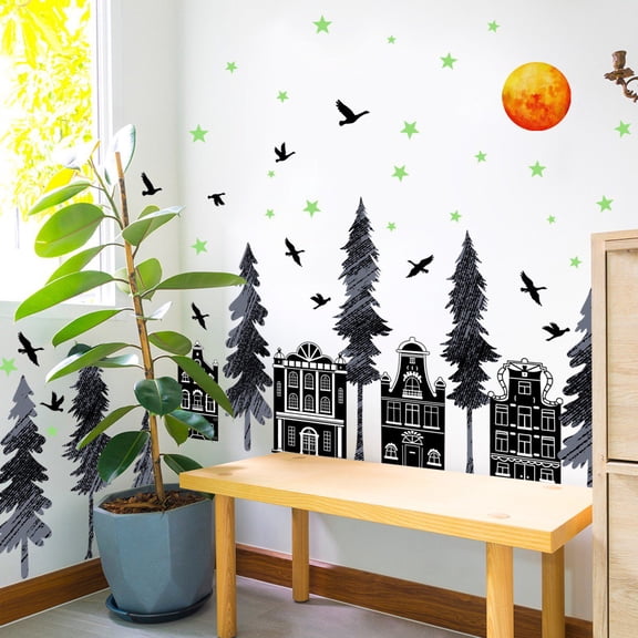 Black tree decals, forest tree stickers, buildings, house wall stickers Peel and Stick Wall Art Decals for Bedroom Living Room Offices Home Decoration
