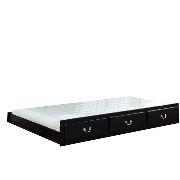 Black twin trundle with faux drawers and division board for organized storage