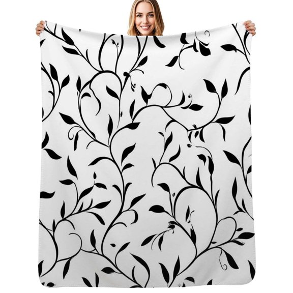 Black vines white background elegant pattern Flannel Blanket Warm Soft Bedding Throws Winter Camping Chair Sofa Bed