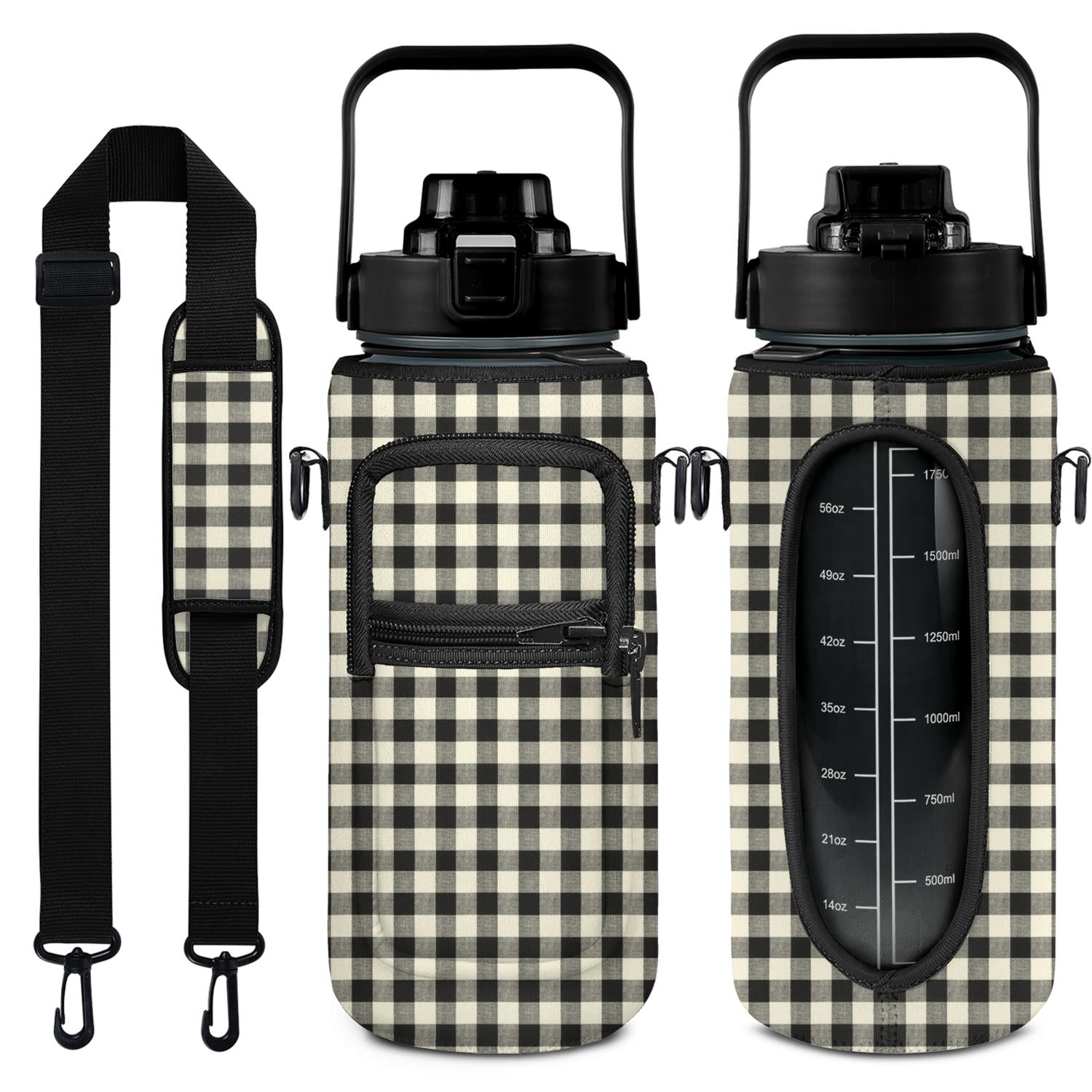 Black&white Check 64 Oz Water Bottle with Sleeve - BPA Free Leakproof Sport Large Plastic Water Bottle with Straw Strap & Insulated Neoprene Holder Carrier Bag Great Gift for Women Men