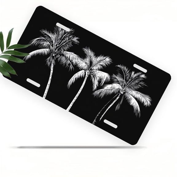 Black and white Palm Trees Front License Plate, Metal License Plate, Funny Standard Plates Personalized Novelty Decorative For Men/Women/Boys/Girls Car 6×12 Inch