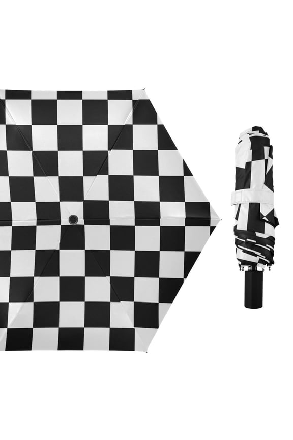 Black-white Plaid All Weather Umbrella Triple Folding Parasol 6 Ribs UV Protection Portable