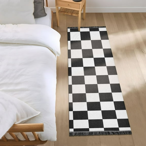 Black-white Plaid Bedside Runner Rug 2'x 6' Non Slip Carpet Floor Mat Area Rug