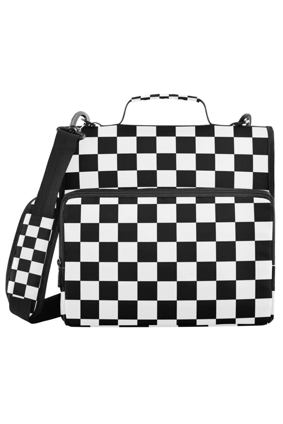Black-white Plaid Zipper Binder Bag with Shoulder Strap 3 Ring 500 Sheets Trapper Keeper File Folder Document Storage