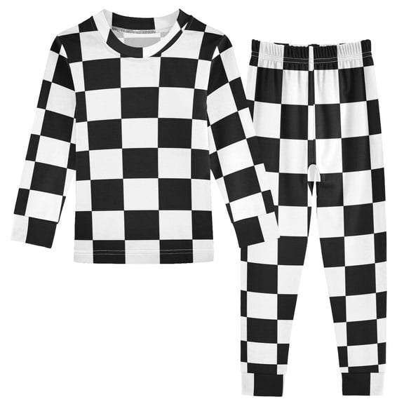 Black-white Plaid Cotton Pajama Set Long Sleeve Top and Pants Sleepwear Unisex 8Y