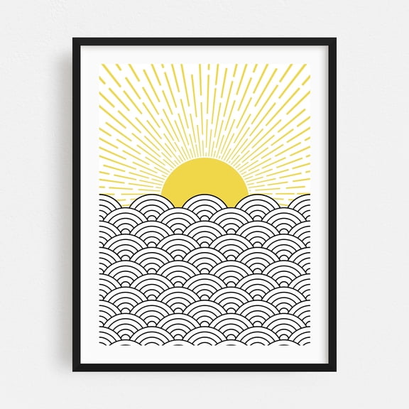Black and white Seigaiha waves with yellow sun - Illustration Abstract Geometric Minimalist Waves Modern Art Line Art Black Framed Wall Art Print 5 x 7 inches