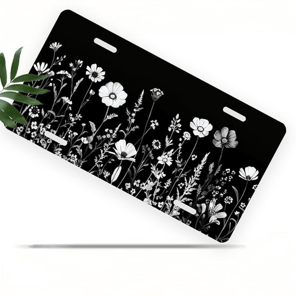 Black and white Wildflower Border Front License Plate, Metal License Plate, Funny Standard Plates Personalized Novelty Decorative For Men/Women/Boys/Girls Car 6×12 Inch
