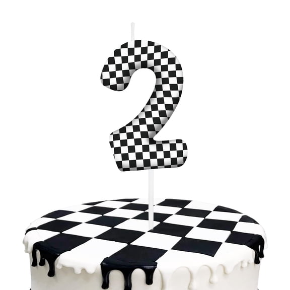 Black and white checkered number 2 birthday candles (2 candles), racing theme number candles, party cake decorations, black and white checkered flag cupcake decorations