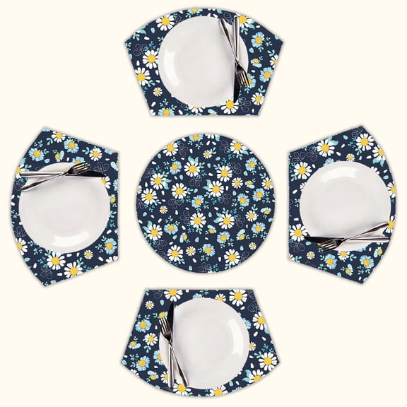 Black white daisies ditsy Round Table Placemats Set Of 5 Wedge Table Mats Washable Heat Resistant Place Mat For Dining Table Kitchen Farmhouse Restaurant
