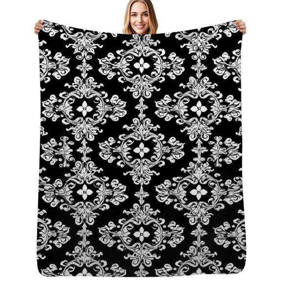 Black white floral pattern design Flannel Blanket Warm Soft Bedding Throws Winter Camping Chair Sofa Bed