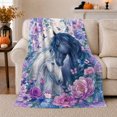 thumbnail image 1 of Black and white horses floral Flannel Blanket cozy butterfly equine artwork Home Decor for couch bedroom reading nook, Wedding Gift for horse lovers and couples, 1 of 9