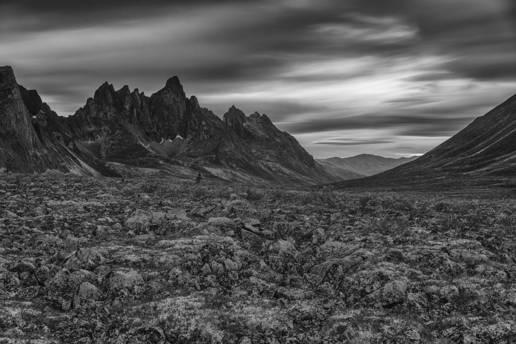 Black and white image of the Tombstone Valley in Tombstone Territorial Park Tombstone Mountain in the distance Yukon Canada Canvas Art - Robert Postma Design Pics (19 x 12)