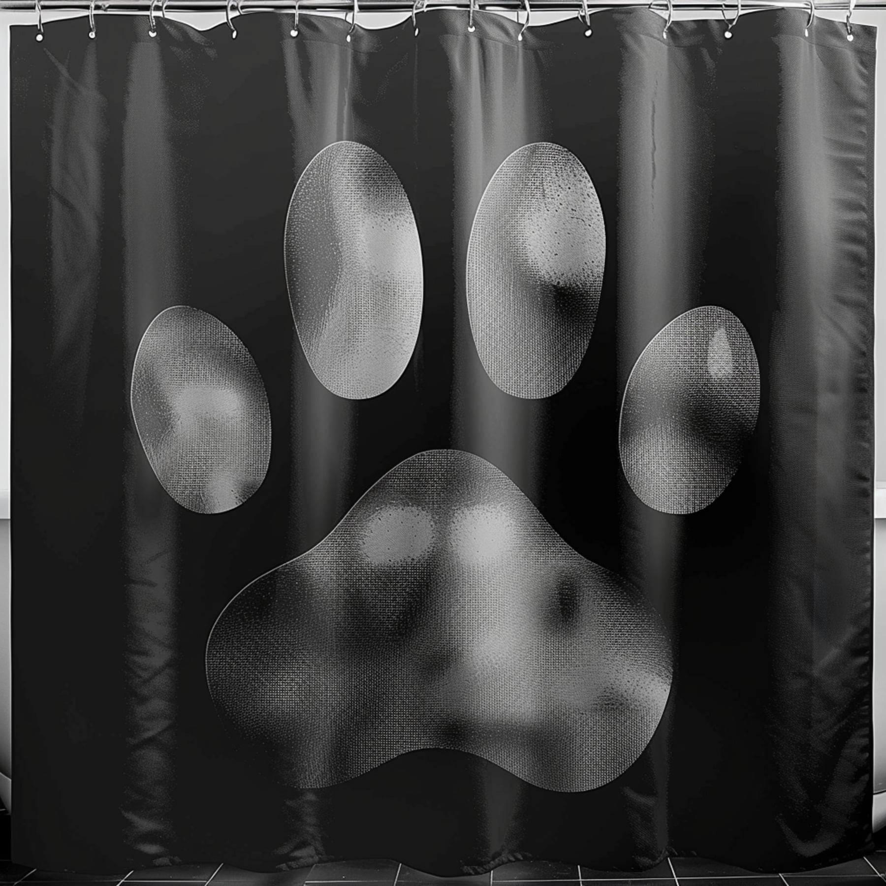 Black and white paw print shower curtain with silver foil dog paws on