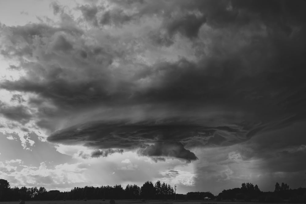 Black and white photograph of a rotating wall cloud during a severe thunderstorm in western albertaCaroline alberta canada Canvas Art - Roberta Murray Design Pics (38 x 24)
