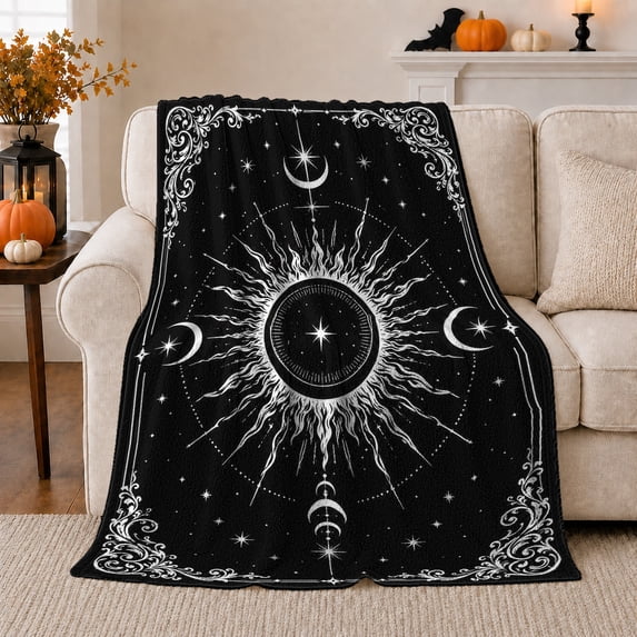 Black white radiant sun moons Flannel Blanket for bedroom study living room reading nook Home Decor mystic celestial star ornate corner art Gift for astrology lovers