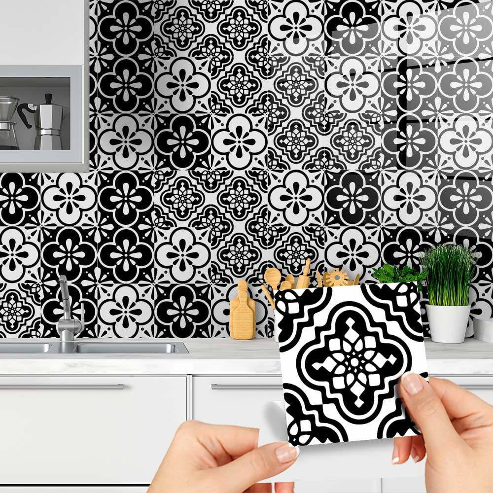 Black and white tile wall sticker 9Pcs Peel and Stick Tile Stickers Vinyl Self-Adhesive Backsplash for Kitchen & Bathroom Water-Resistant & Removable Tile Decals for Instant Makeover