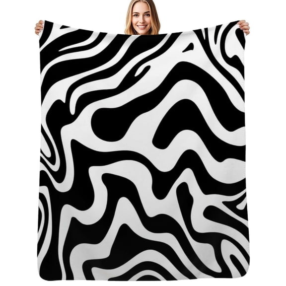 Black white wavy abstract design Soft Blanket Travel Bedding Throws Flannel Bedspread Sofa Bed Cover