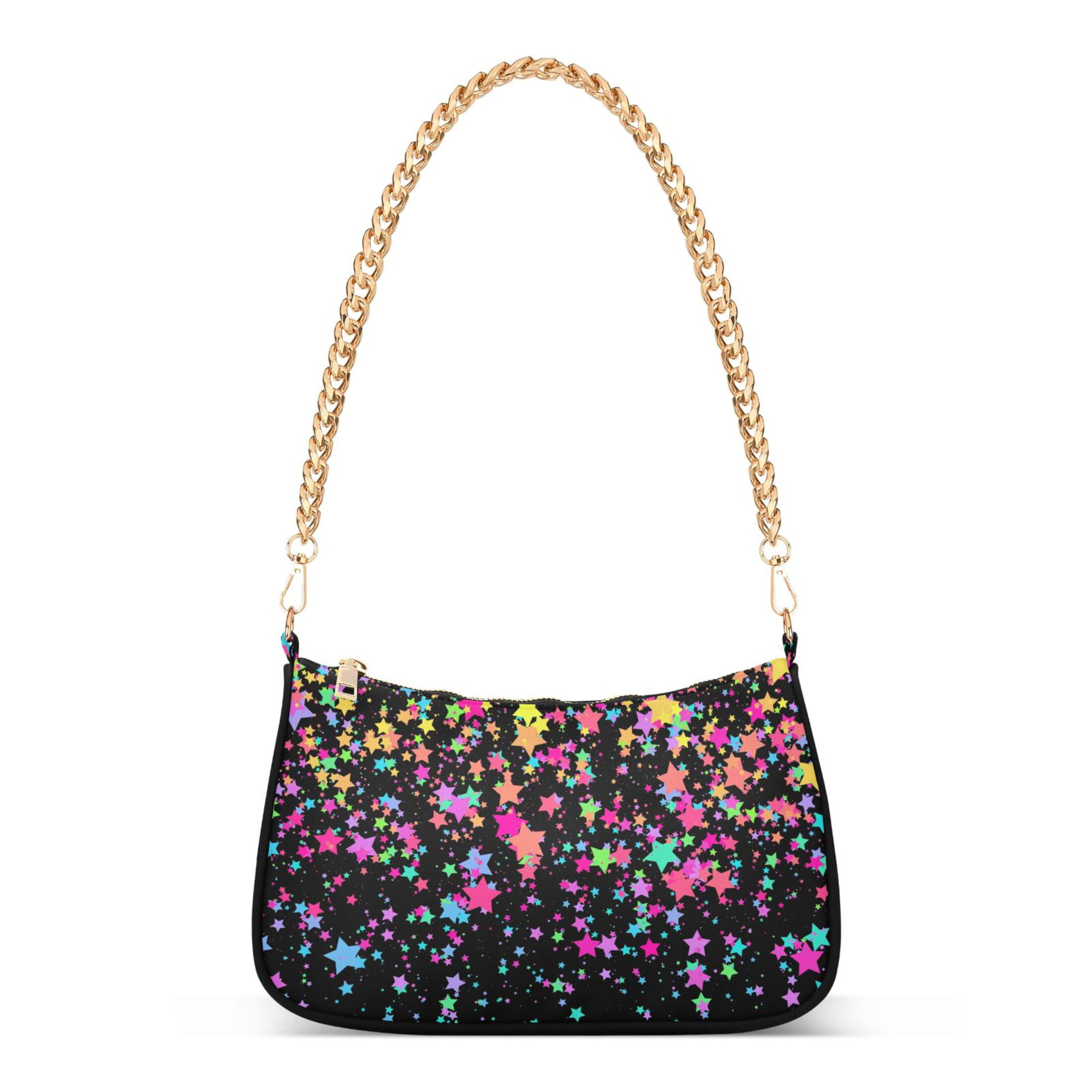 Black with Colorful Stars Womens Chain Shoulder Bag Tote Handbag Clutch Hobo Purse with Zipper for Travel Casual