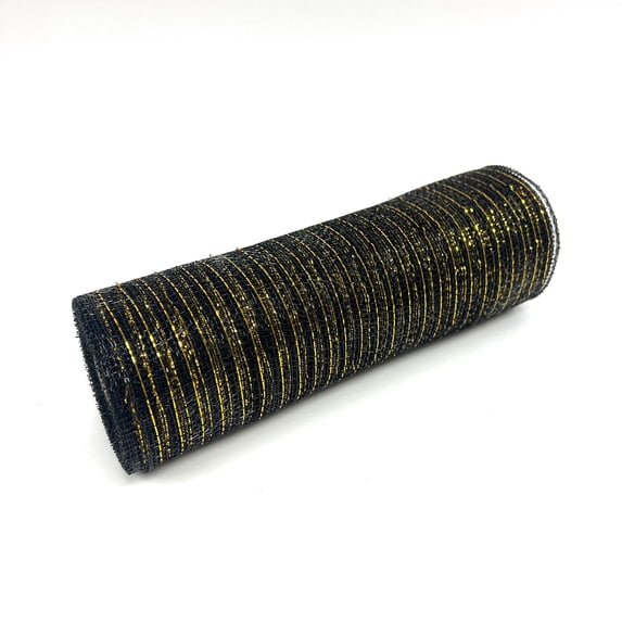 Black with Gold - Deco Mesh Wrap Metallic Stripes - ( 10 Inch x 10 Yards )