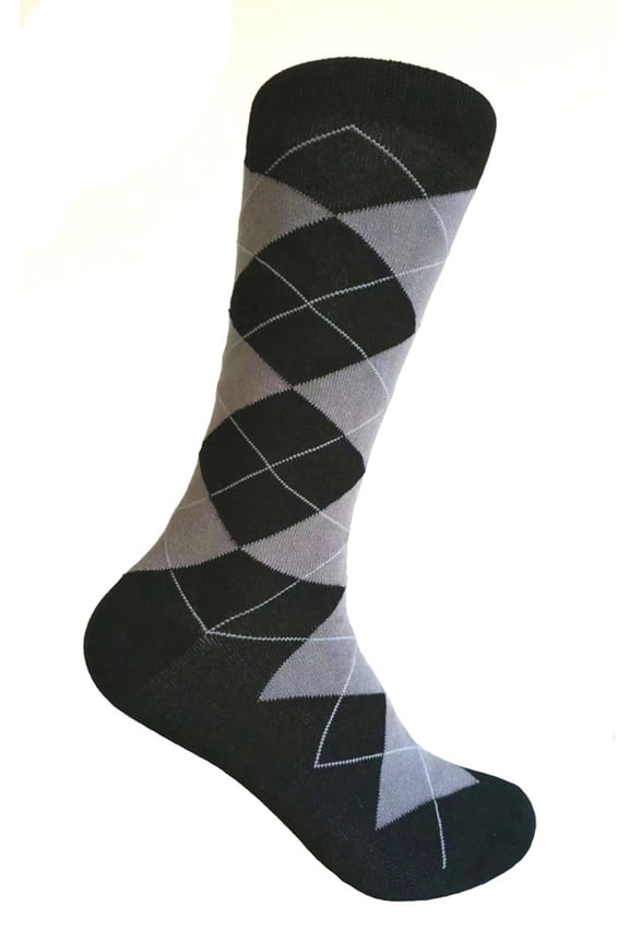 Black with Gray Color Mid-Calf Argyle Dress Casual Socks for Men