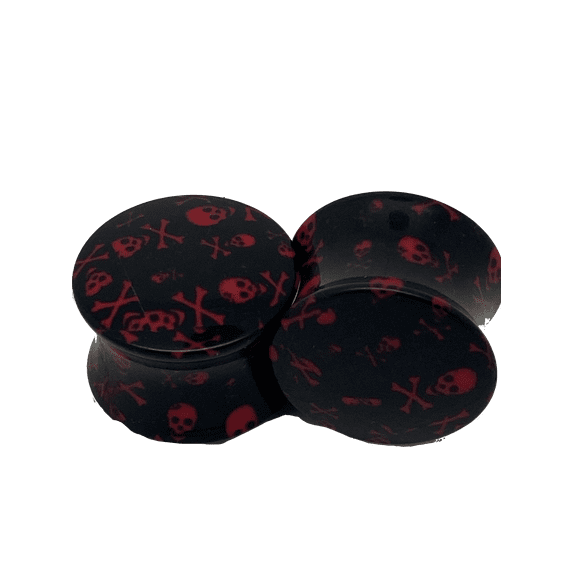 Black with Red Skulls Double Fared Acrylic Gauges/Plugs 9/16" (14mm) 2 Piece (1 Pair) (B/7/2/9)