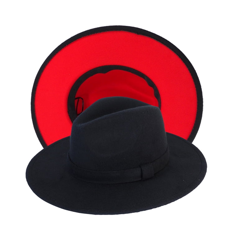Women\'s Black Felt Fedora Hat with Red Lining, Wide Brim, Solid, One Size QUUPY Two Tone Wide Brim Fedora Hats Felt Panama Cap with  main image 3