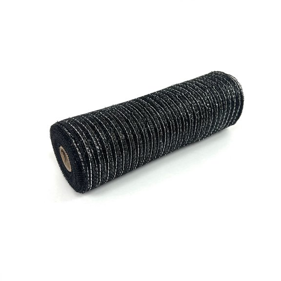 Black with Silver - Deco Mesh Wrap Metallic Stripes - ( 10 Inch x 10 Yards )