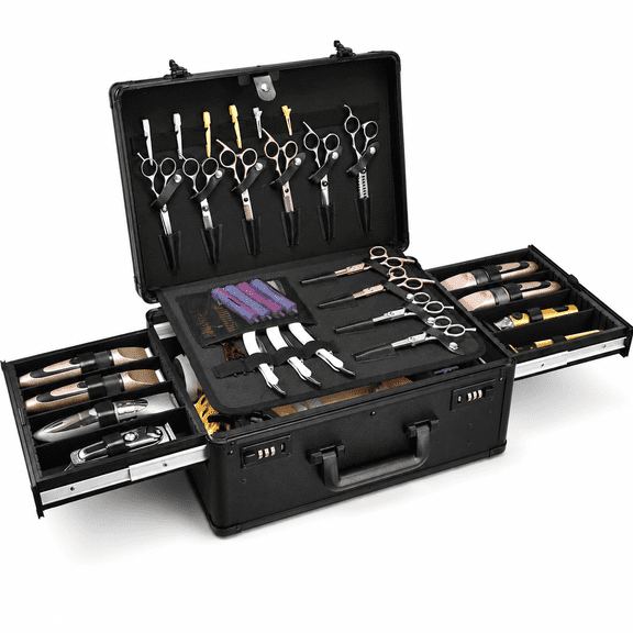 Black with Sliding Tray Professional Barber Tool Case Hard Travel Organizer for Clippers and Salon Supplies