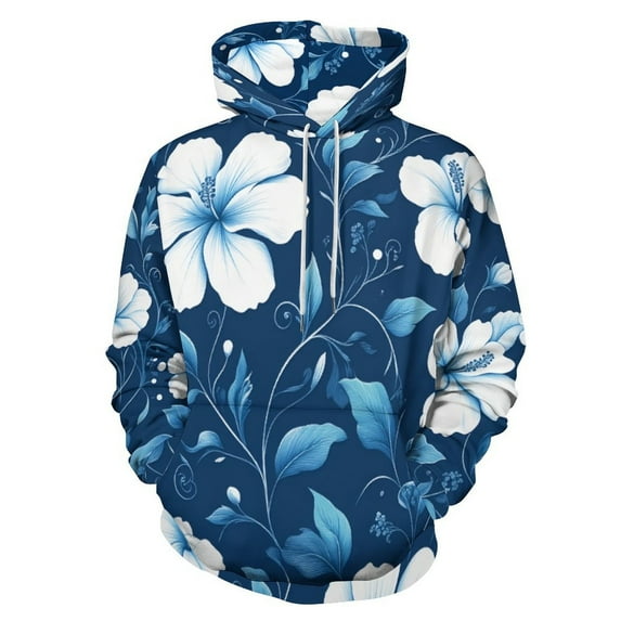 Black with White Hibiscus Hawaiian Flower Pattern (2)-2 Men's Women Vintage 3D Hooded Sweatshirt - All-Season Loose Fit Streetwear
