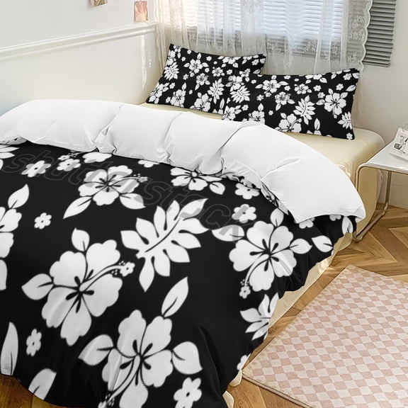 Black with White Hibiscus Hawaiian Flower Pattern Set Duvet Cover Bedding Set Duvet Cover Polyester Quilt Cover for Twin Size