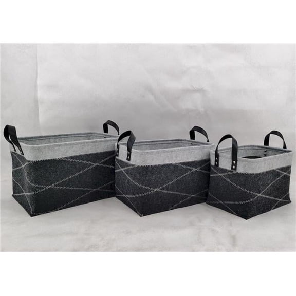 Black with White Stitching, Gray Trim Fabric Handled Baskets, Set of 3