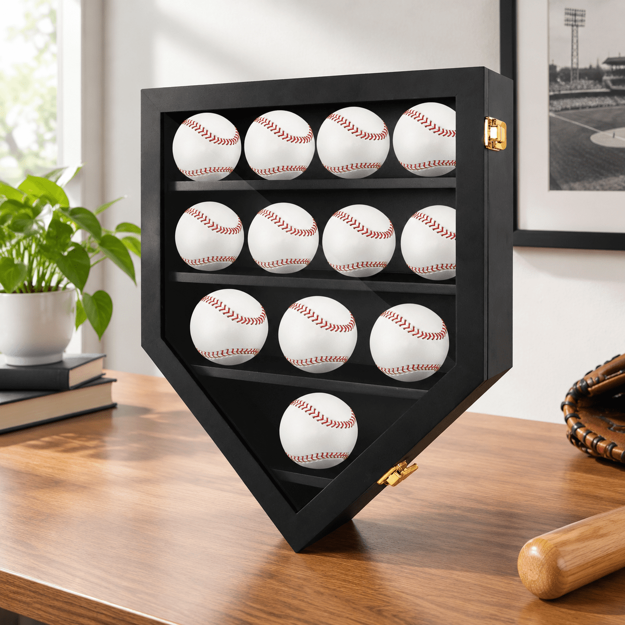 Black with door 12-slot baseball display case for 12 standard baseballs ...