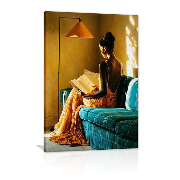 A Black woman reading a canvas painting of a woman in an orange dress on a blue-green sofa. Printed in African style, suitable for living room, bedroom, and other home wall decorations (framed).