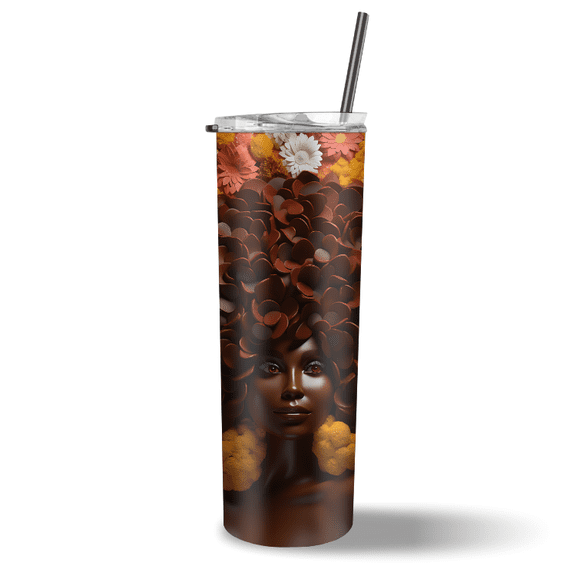 Black woman stainless steel tumbler for melanin women that love tumblers and brown golden oranges and yellow 3D afro floral women