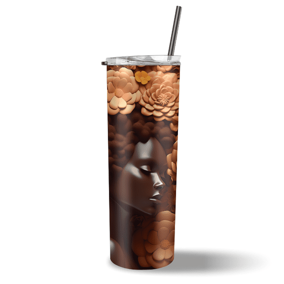 Black woman stainless steel tumbler for melanin women that love tumblers and brown tones, 3D floral golden tans and orange flower afro
