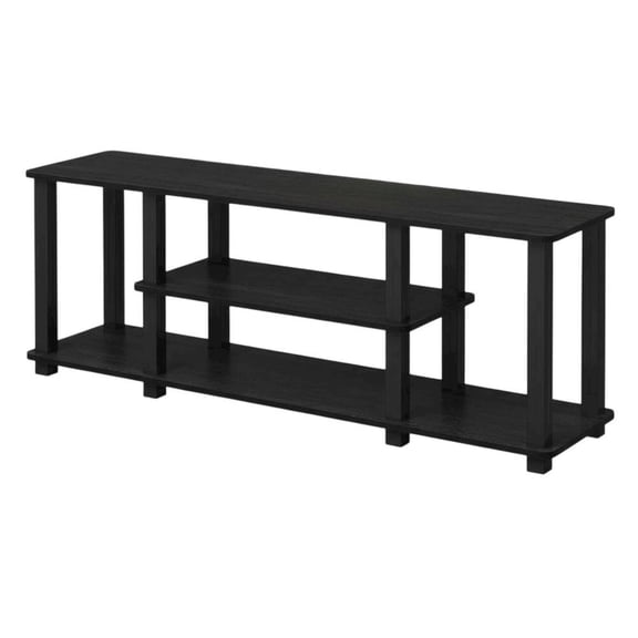 Black wood TV stand, 3-tier design, square tube frame, entertainment setup