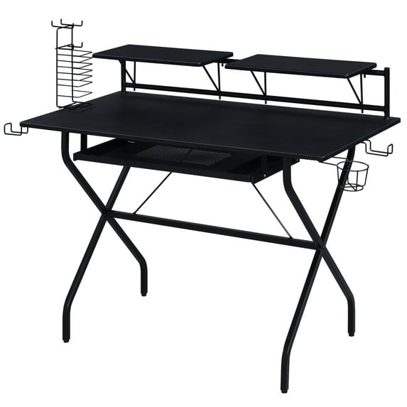 Black wood - metal desk with keyboard tray and storage for headsets | Ideal for long - term use in gaming or office, boosts efficiency
